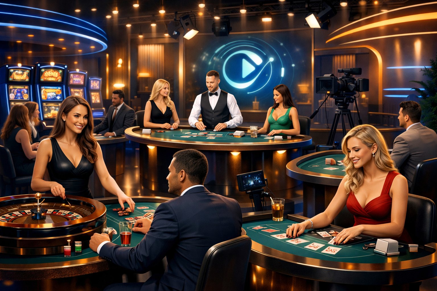 A Casino Floor With Gaming Tables, Slot Machines, And Live Dealers Interacting With Players In A Lively And Modern Setting.