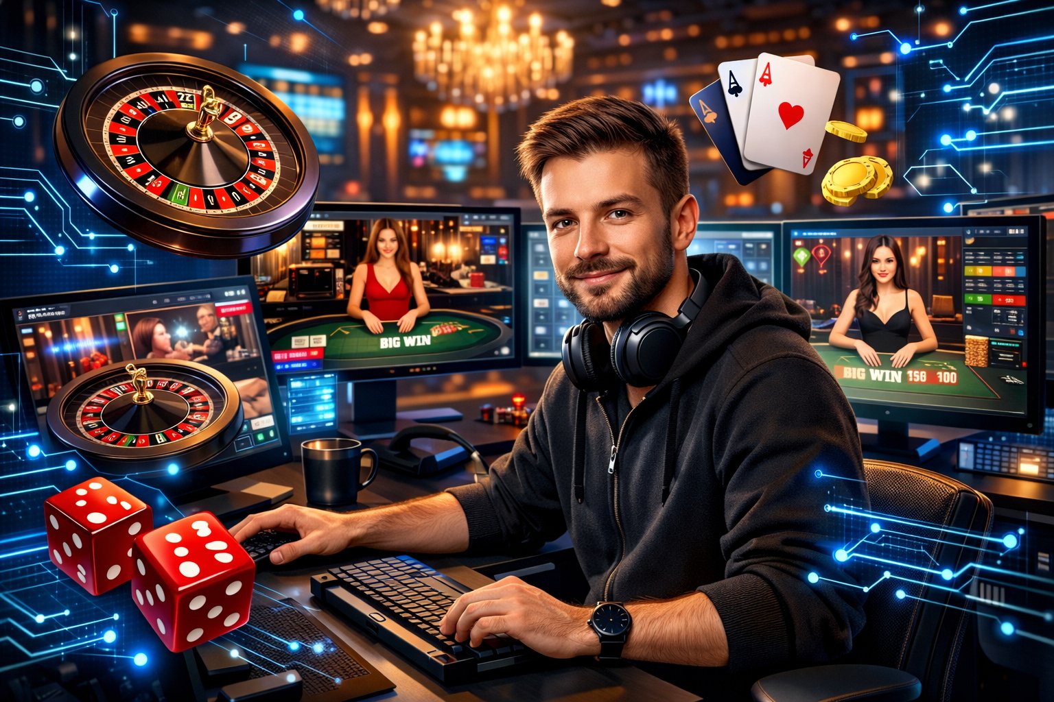 A Developer Working At A Desk With Multiple Screens Showing Live Casino Games And Interactive Gaming Elements In A Modern, HighTech Environment.