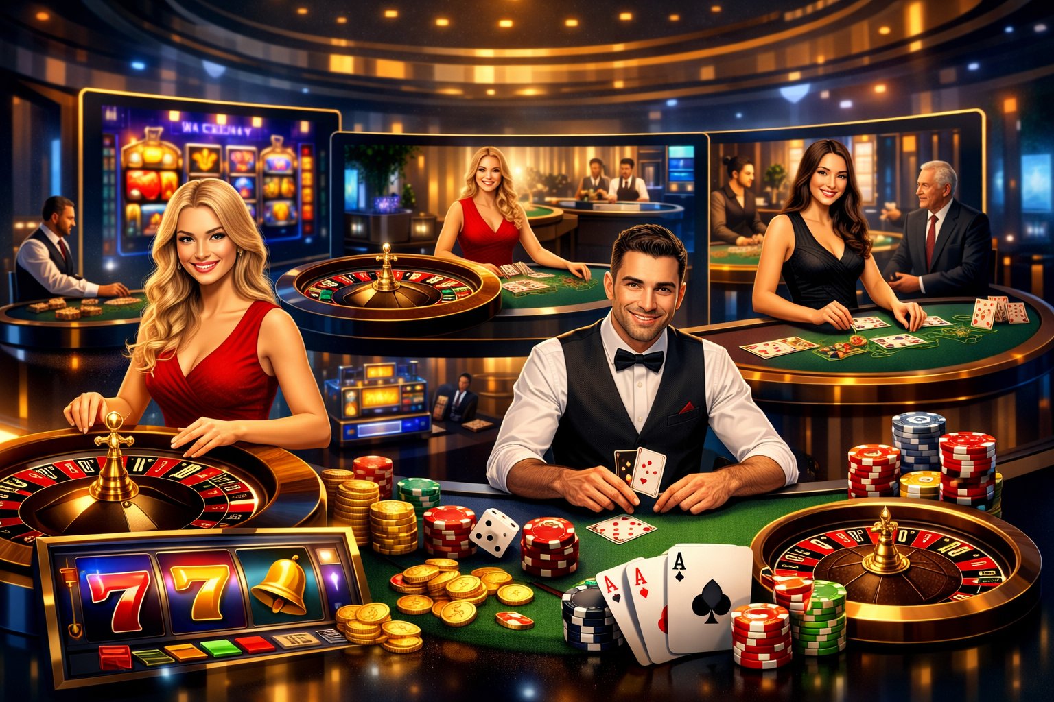 A Modern Casino Scene Showing Diverse Players And Dealers Engaged In Various Casino Games Including Live Dealer Tables, Slot Machines, And Card Games.