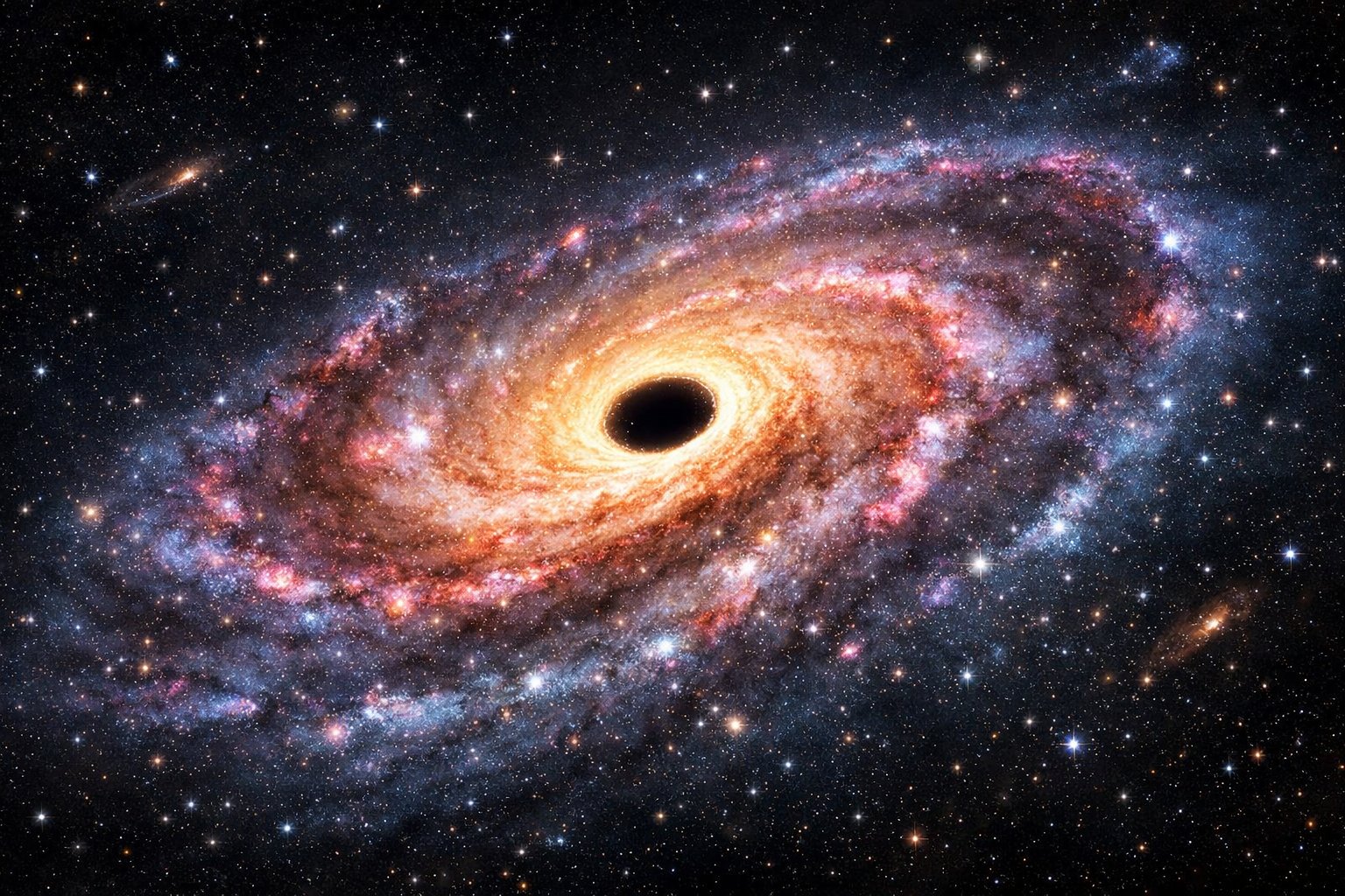 Pogled na spiralnu galaksiju s jasno vidljivim sjajnim središtem i tamnim područjem koje predstavlja supermasivnu crnu rupu u svemiru.