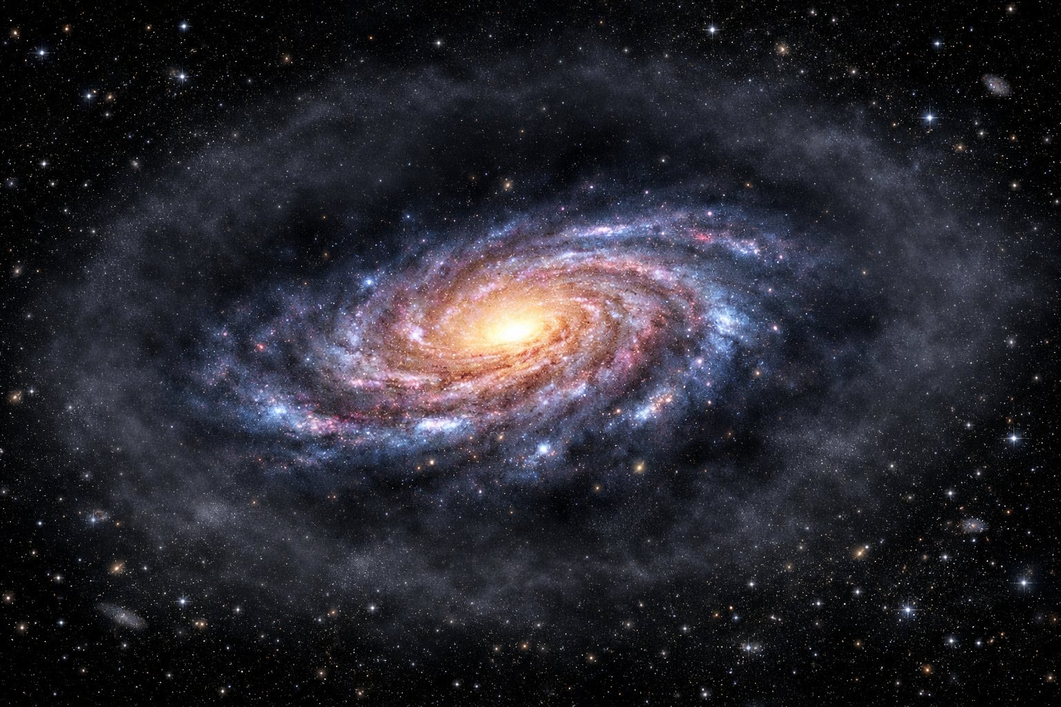 Prikaz spiralne galaksije okružene tamnom tvari u svemiru.