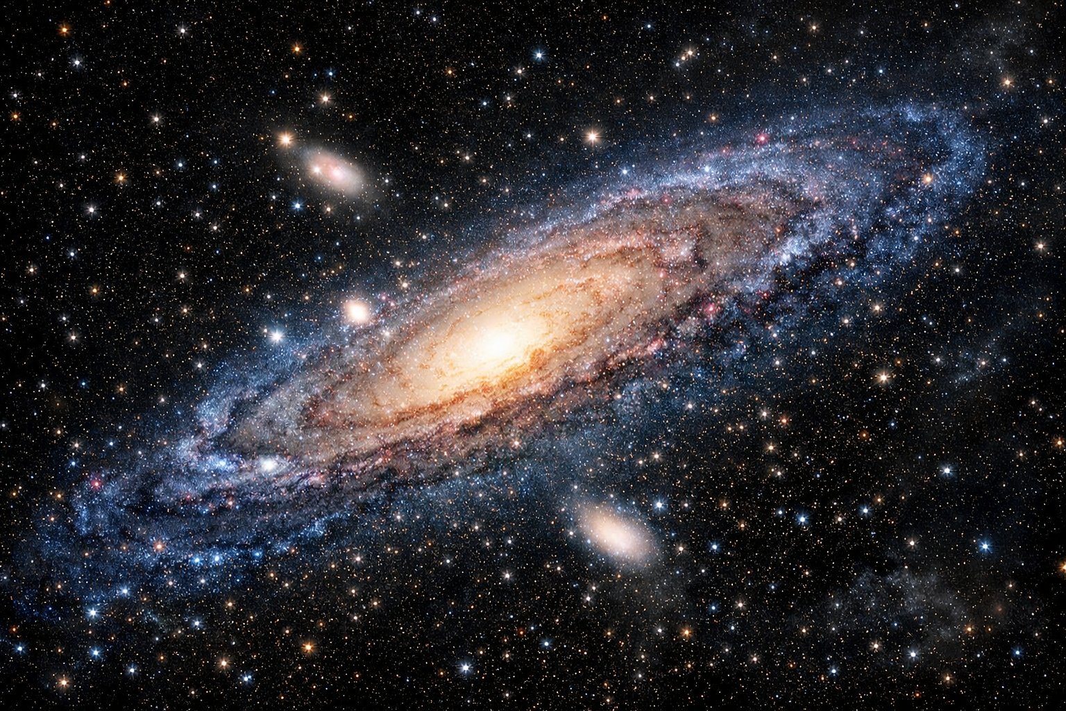 Slika galaksije Andromeda u svemiru s vidljivim spiralnim kracima i zvijezdama u pozadini.
