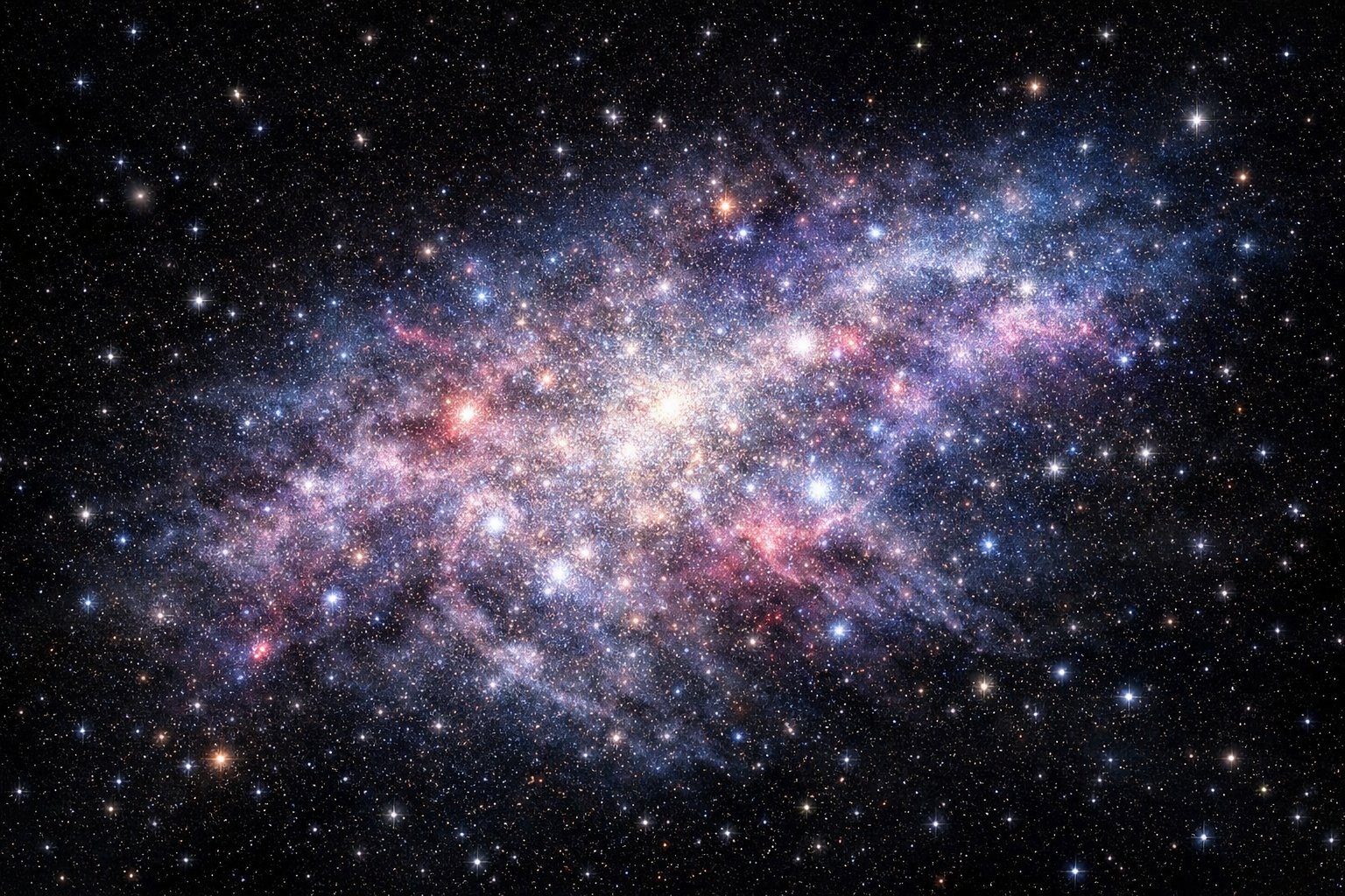 Slika patuljaste galaksije s mnoštvom sjajnih zvijezda i svemirskim oblacima u svemiru.