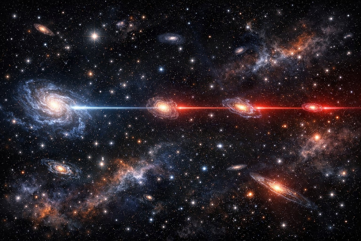 Prikaz dubokog svemira s mnogim galaksijama različitih oblika i boja na tamnoj pozadini, simbolizirajući mjerenje udaljenosti galaksija.