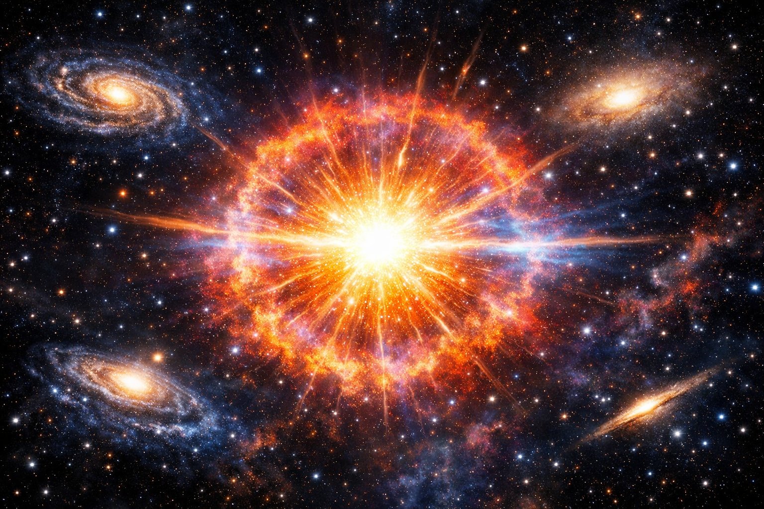 Svemirska scena s eksplodirajućom zvijezdom i udaljenim galaksijama u pozadini.