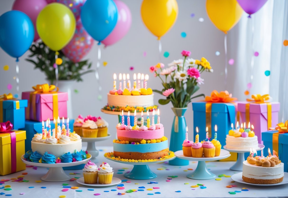 Schöne Geburtstagssprüche: Inspirationen für jeden Anlass Ein festlich dekorierter Geburtstagstisch mit Kuchen, Geschenken, Luftballons und Blumen.