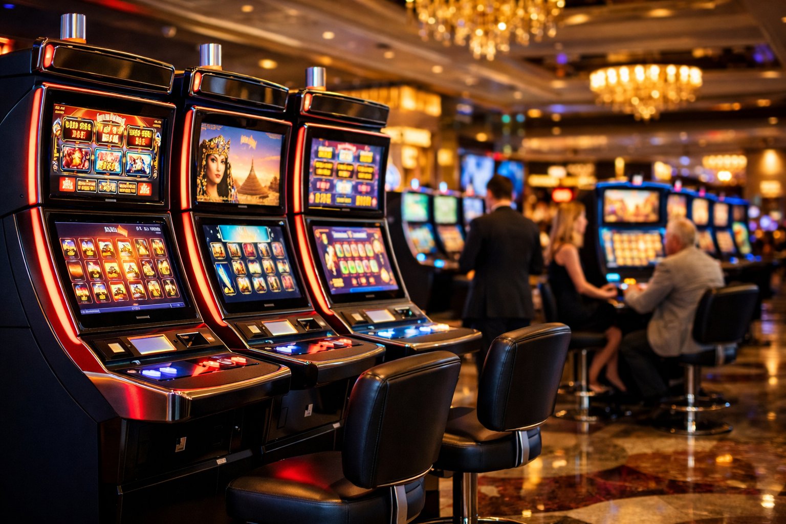 A Modern Casino Interior With HighTech Slot Machines And Players Engaging With The Games.