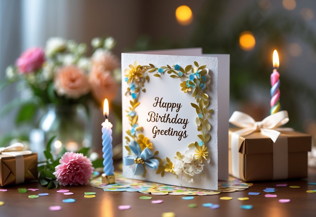 Schöne Geburtstagssprüche: Inspirationen für jeden Anlass 2 Nahaufnahme einer festlich dekorierten Geburtstagskarte auf einem Holztisch mit Blumen, Konfetti, einer brennenden Kerze und einem Geschenk.