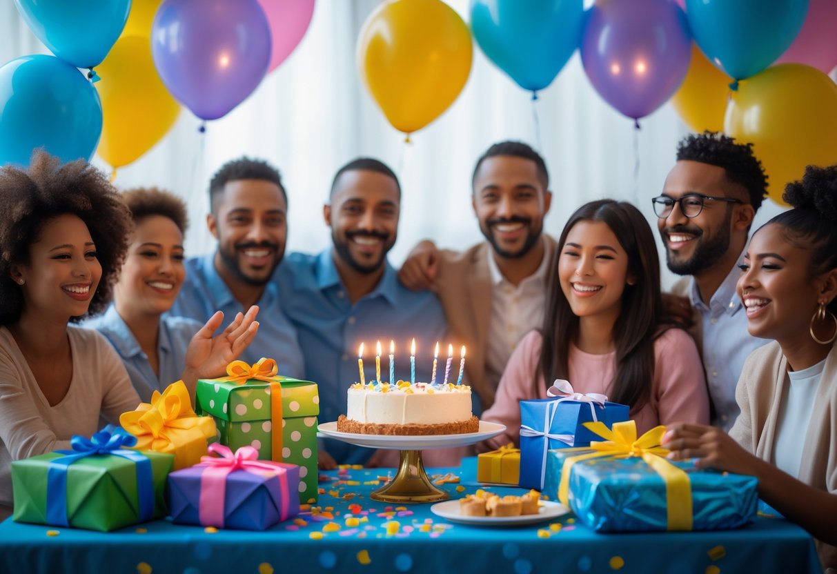 Schöne Geburtstagssprüche: Inspirationen für jeden Anlass 3 Eine fröhliche Geburtstagsszene mit einem dekorierten Tisch, Luftballons, Geschenken und einem Kuchen mit brennenden Kerzen, umgeben von lächelnden Menschen.