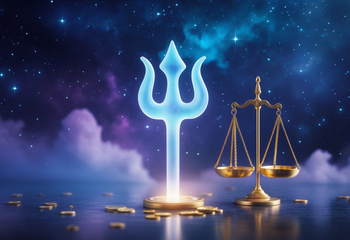 A glowing Neptune trident symbol hovering above golden scales and coins against a starry cosmic background.