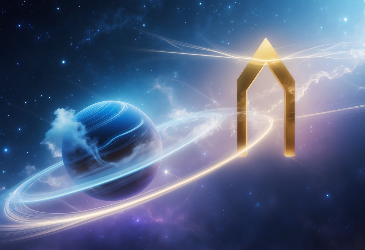 A glowing blue Neptune planet near a golden geometric shape in a deep space background with stars and nebulae.