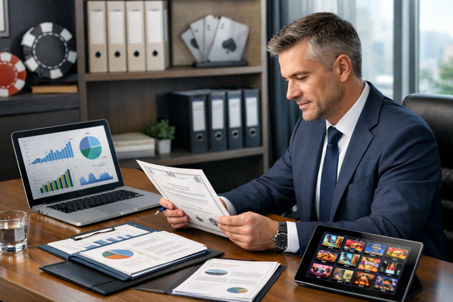 A Business Professional Reviewing Documents And Digital Devices Related To Casino Game Licensing And Compliance In A Modern Office.