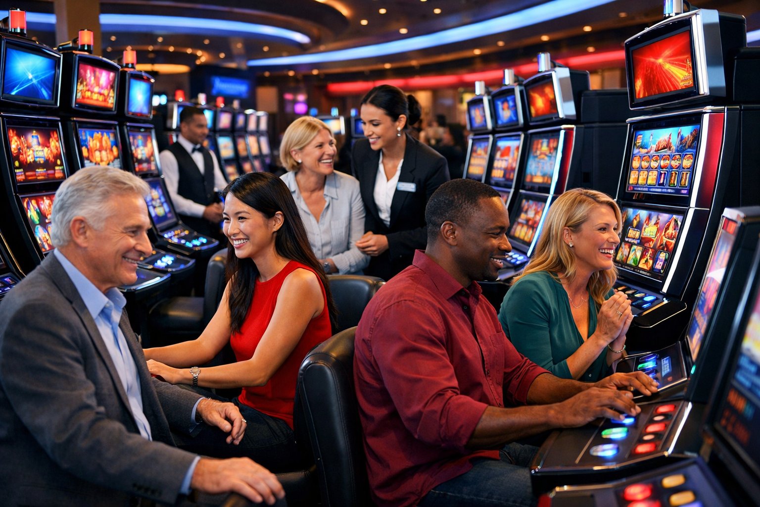 A Modern Casino Floor With People Playing Electronic Slot Machines And Staff Assisting Customers.