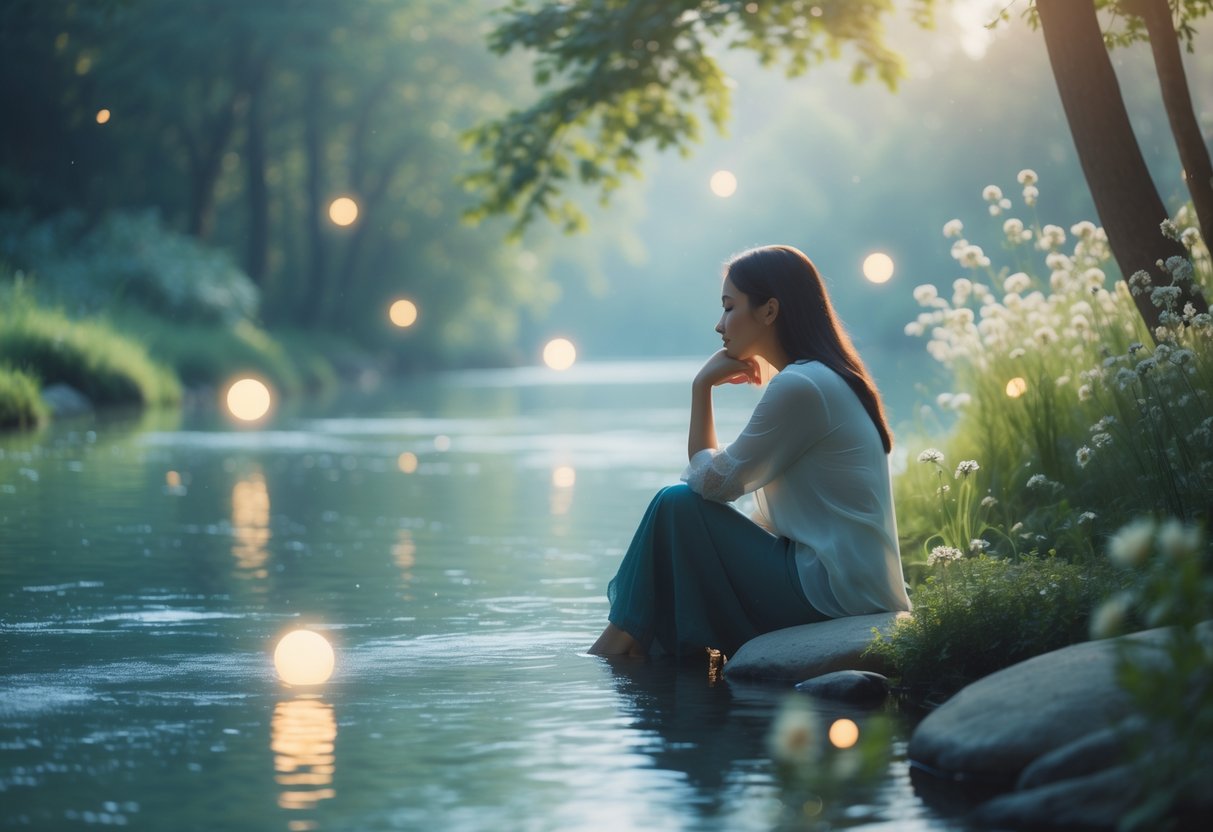 A person sitting peacefully by a gentle river surrounded by greenery, gazing into the water with a calm and thoughtful expression.