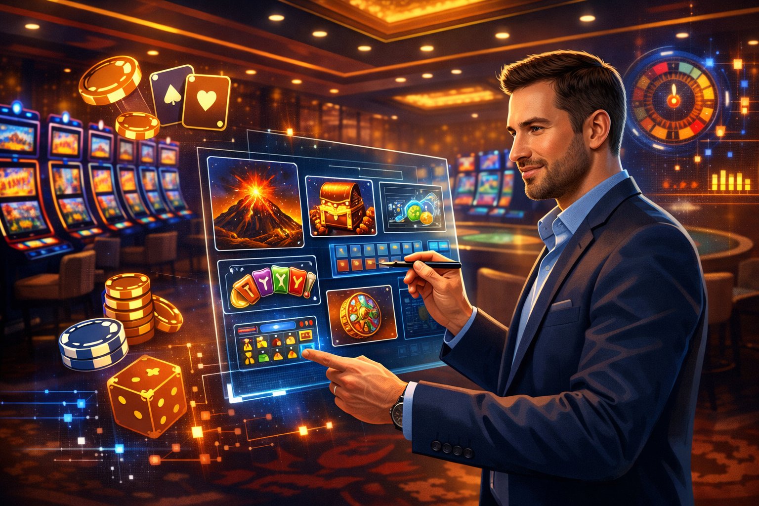 A Modern Casino Floor With Slot Machines And Digital Gaming Tables, Featuring A Person Reviewing Game Designs On A Transparent Screen Surrounded By CasinoRelated Icons.