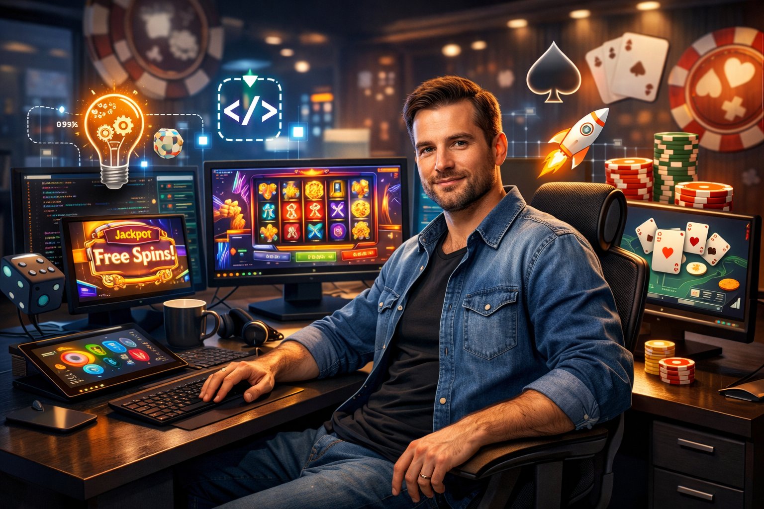 A Software Developer Working At A Desk With Multiple Screens Showing Casino Game Graphics, Surrounded By Gaming Icons And Technology Elements In An Office Setting.