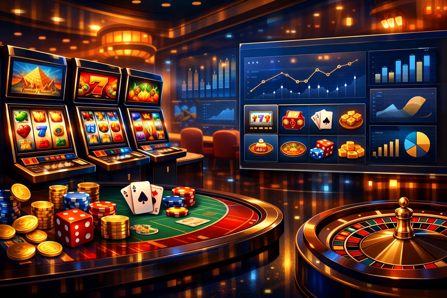 A Casino Scene Showing Various Digital Slot Machines And Gaming Tables With Colorful Game Symbols And Charts Representing A Game Provider's Portfolio And Variety.