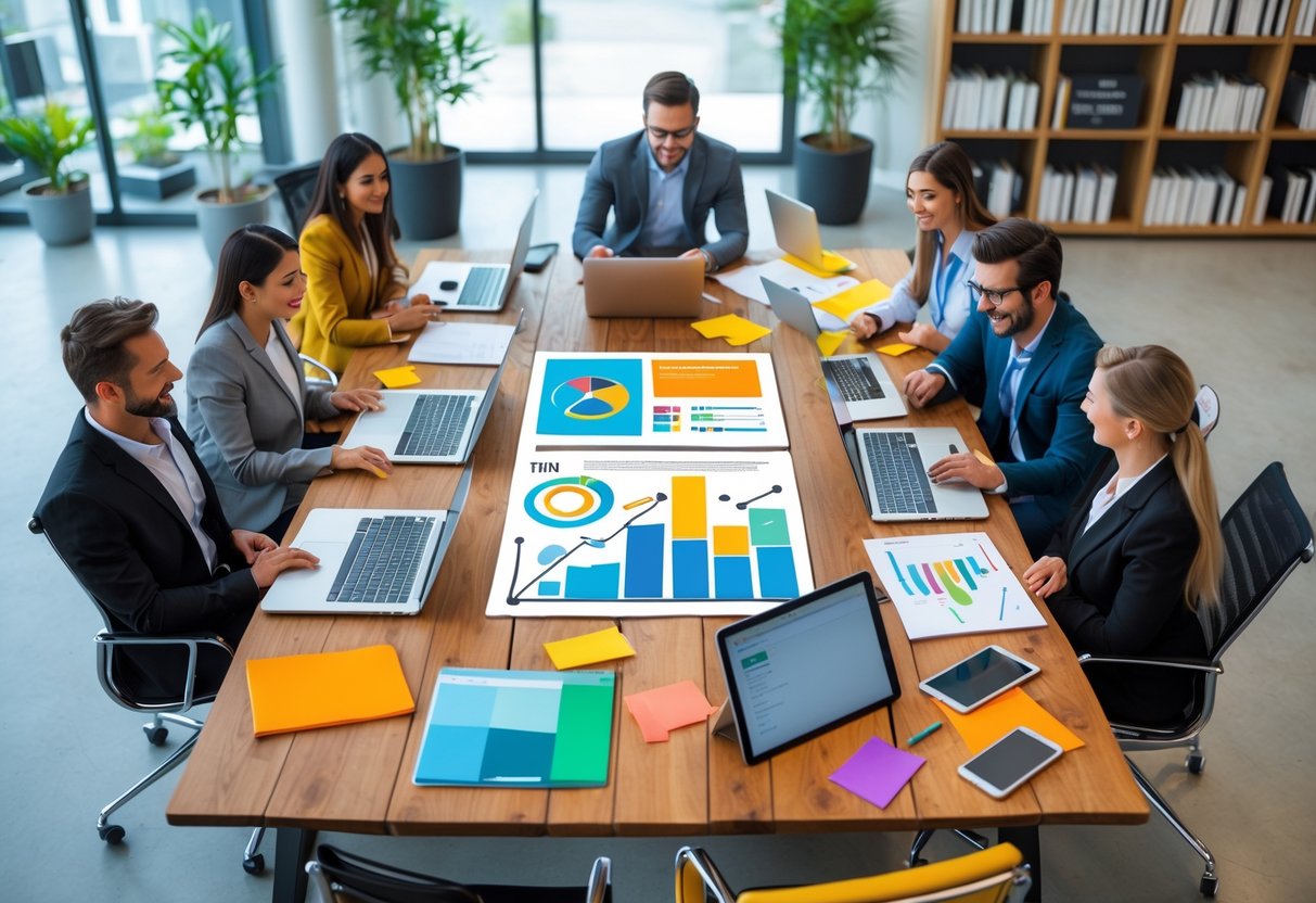 Mehrere Personen arbeiten gemeinsam an einem Tisch mit Laptops und Notizbüchern in einem modernen Büro.