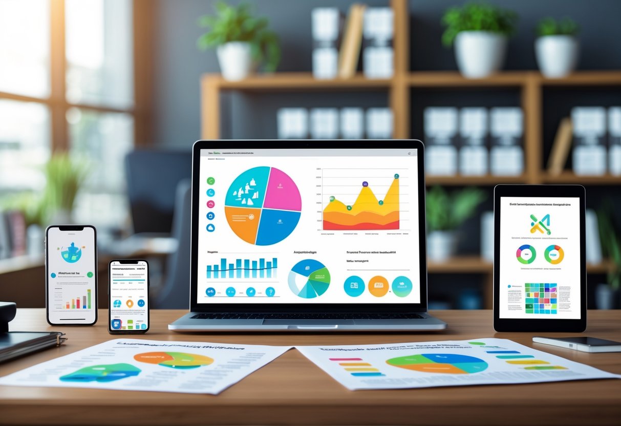 Ein moderner Arbeitsplatz mit Laptop, Smartphone, Tablet und gedruckten Dokumenten auf einem Holztisch in einem Büro.