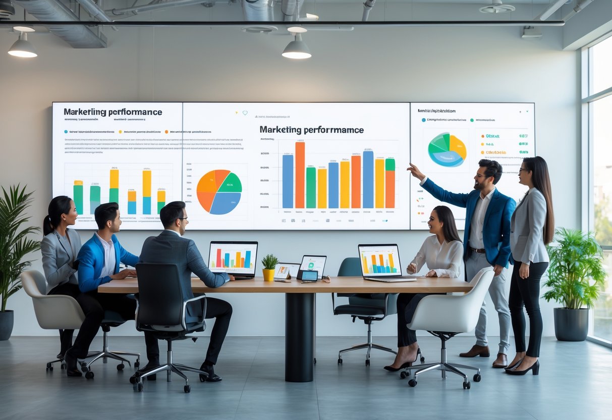 Performance Marketing: Strategien und Optimierung für 2026 Ein Team von Fachleuten arbeitet gemeinsam in einem modernen Büro an Marketingdaten und Diagrammen.