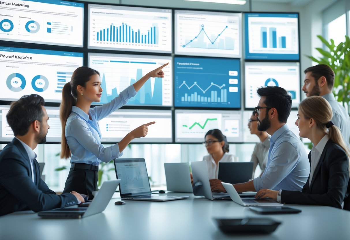 Performance Marketing: Strategien und Optimierung für 2026 2 Mehrere Personen in einem modernen Büro analysieren gemeinsam Marketingdaten auf Bildschirmen.