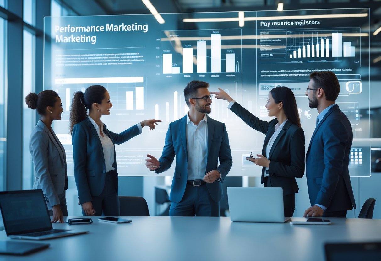 Performance Marketing: Strategien und Optimierung für 2026 3 Geschäftsleute in einem modernen Büro diskutieren gemeinsam über Diagramme und Daten auf einem digitalen Bildschirm.