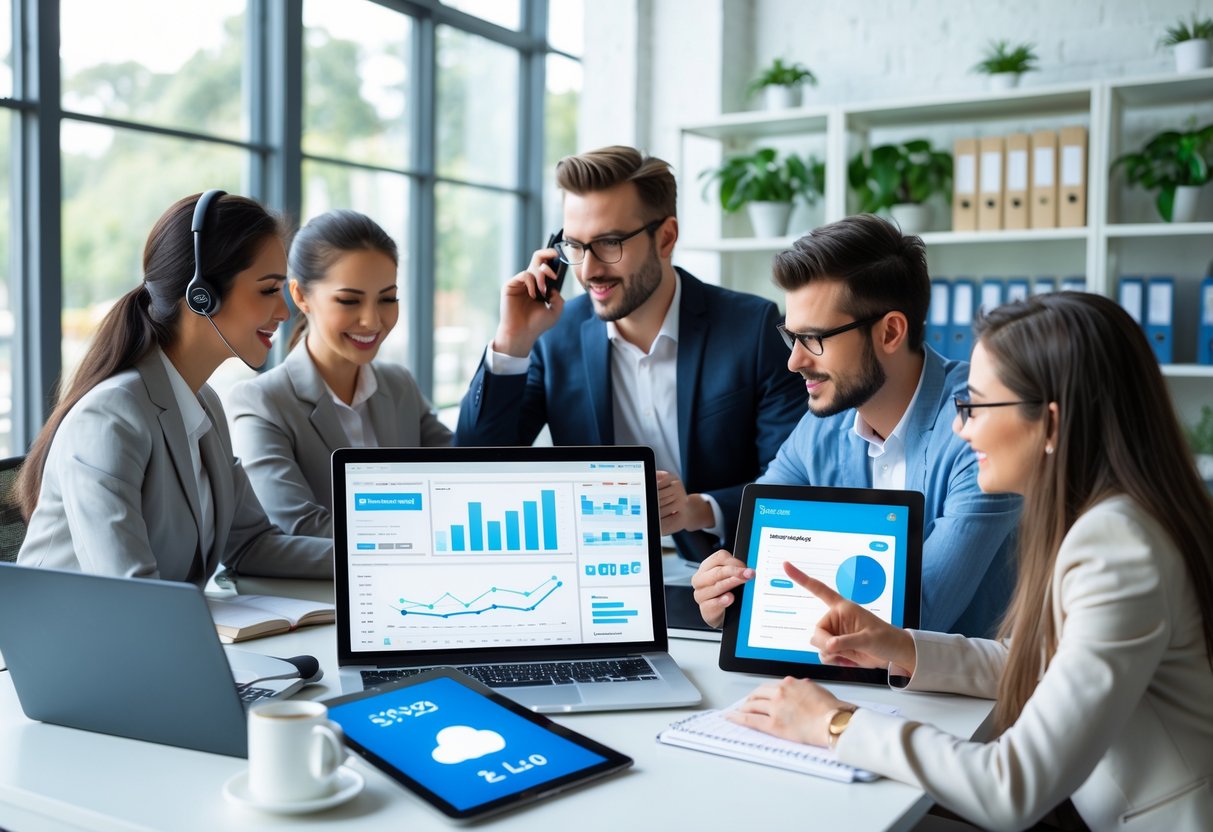 Online Business: Ideen, Chancen und Erfolgsstrategien 1 Mehrere Personen arbeiten gemeinsam in einem hellen Büro mit Laptops und Tablets an einem Online-Geschäft.