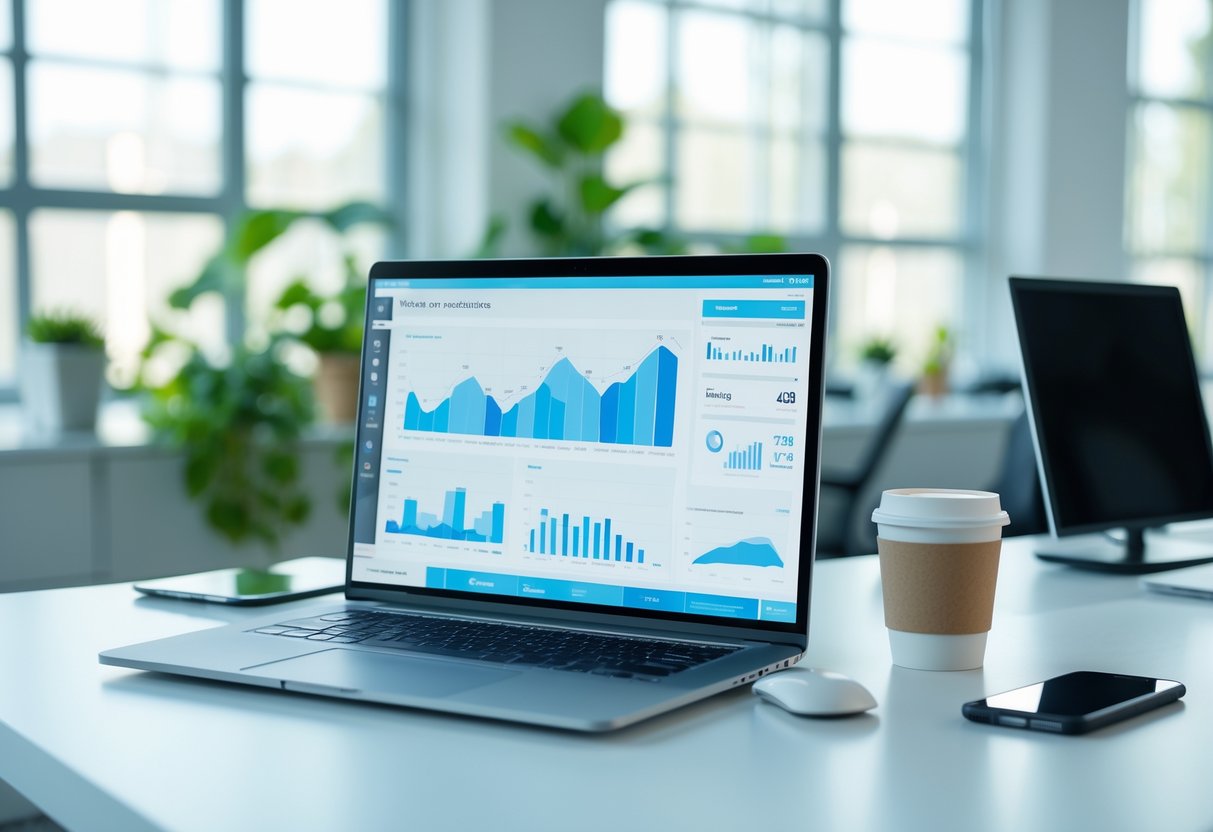 Online Business: Ideen, Chancen und Erfolgsstrategien 2 Ein moderner Arbeitsplatz mit Laptop, Smartphone und Kaffeetasse in einem hellen Büro.