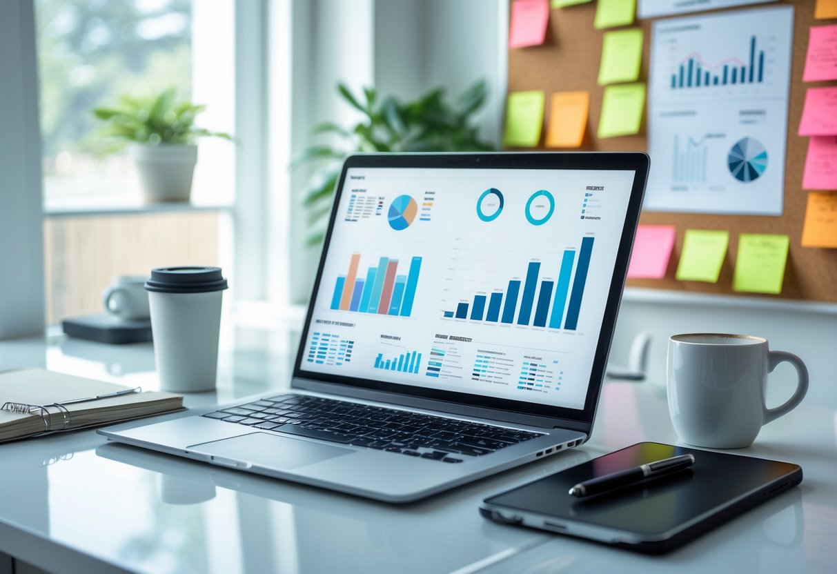 Online Business: Ideen, Chancen und Erfolgsstrategien 3 Ein moderner Arbeitsplatz mit Laptop, Smartphone, Notizbuch und Pflanze in einem hellen Raum, der Online-Geschäftsideen symbolisiert.