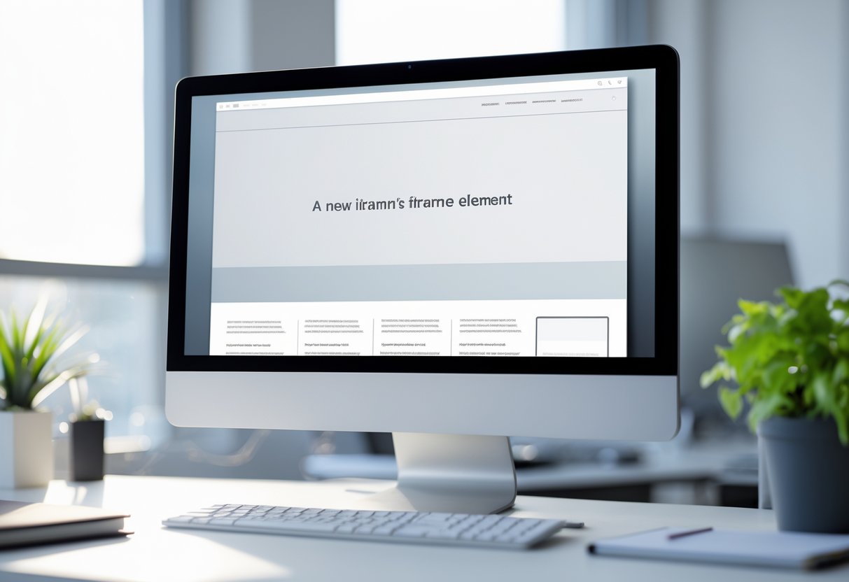 iframe: Die wichtigsten Funktionen und Anwendungen Ein moderner Arbeitsplatz mit einem Computerbildschirm, der eine eingebettete Webseite anzeigt, auf einem aufgeräumten Schreibtisch mit Bürozubehör.