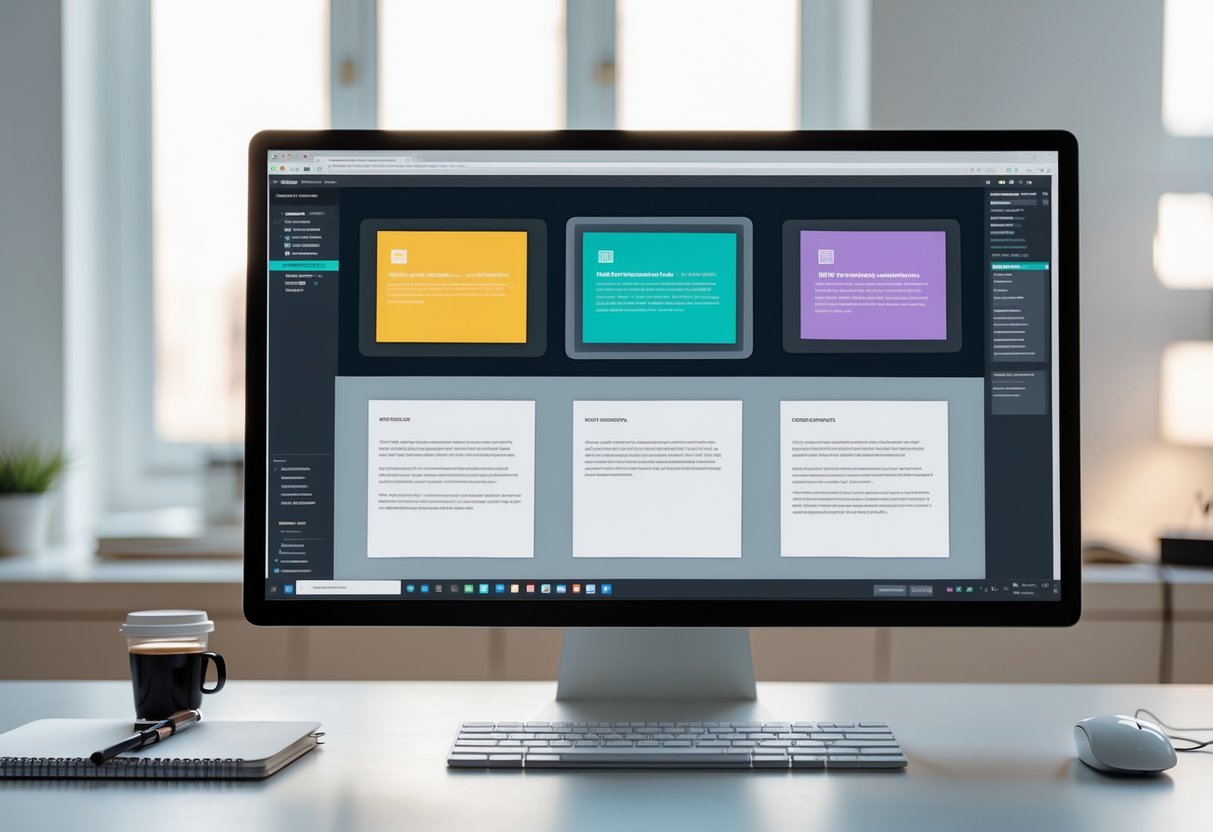 iframe: Die wichtigsten Funktionen und Anwendungen 2 Ein moderner Arbeitsplatz mit einem Computerbildschirm, der mehrere eingebettete Fenster zeigt, die das Konzept eines iframes darstellen.
