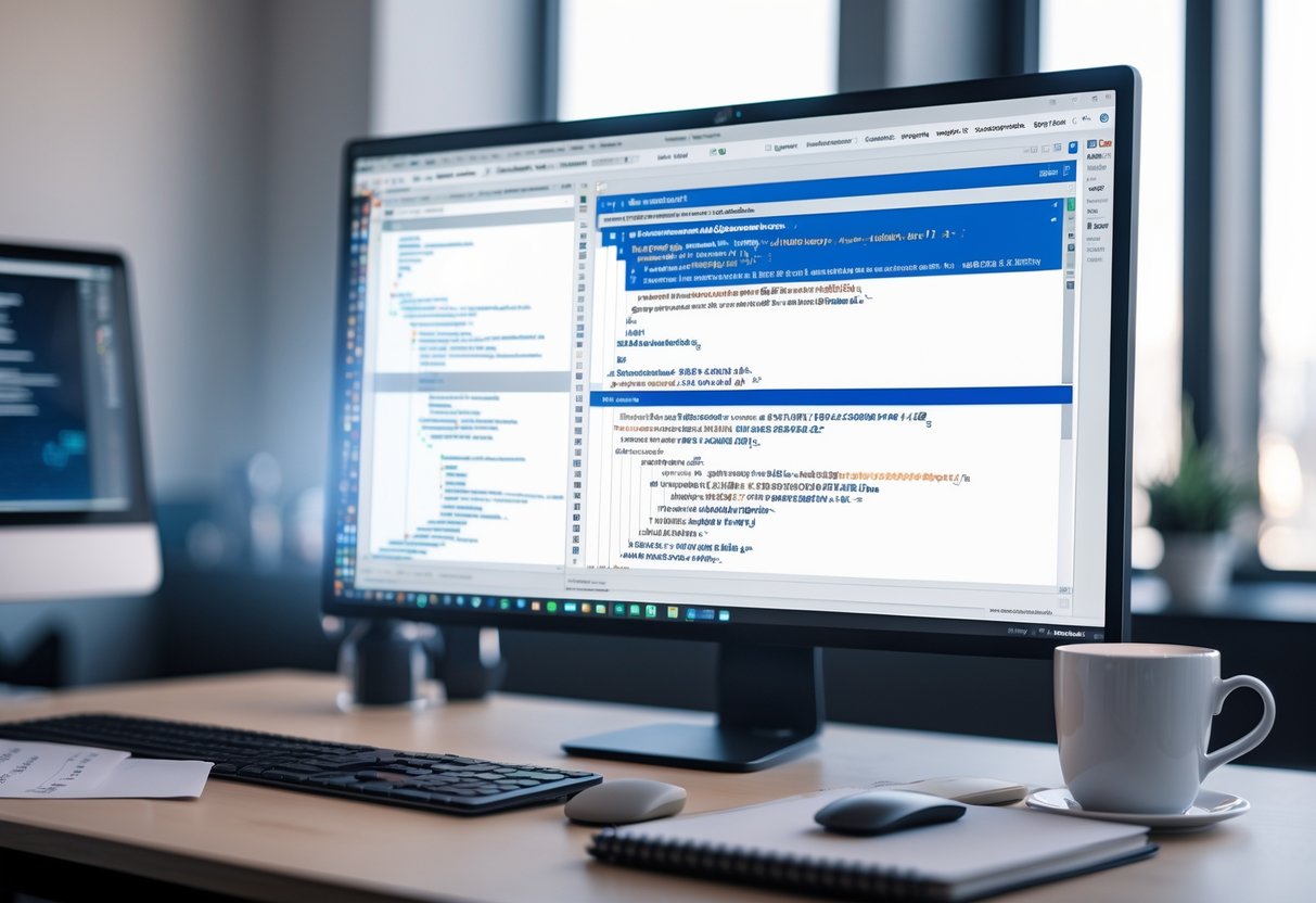 iframe: Die wichtigsten Funktionen und Anwendungen 3 Ein moderner Arbeitsplatz mit einem Computerbildschirm, der HTML-Code mit einem iframe-Tag zeigt.
