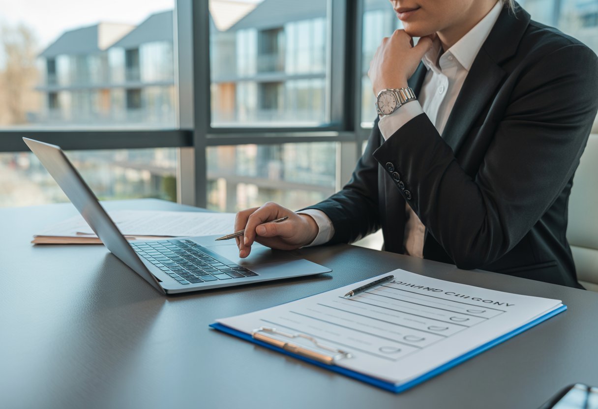 A person in business attire sitting at a desk with a laptop and documents, overlooking modern residential buildings through a window.