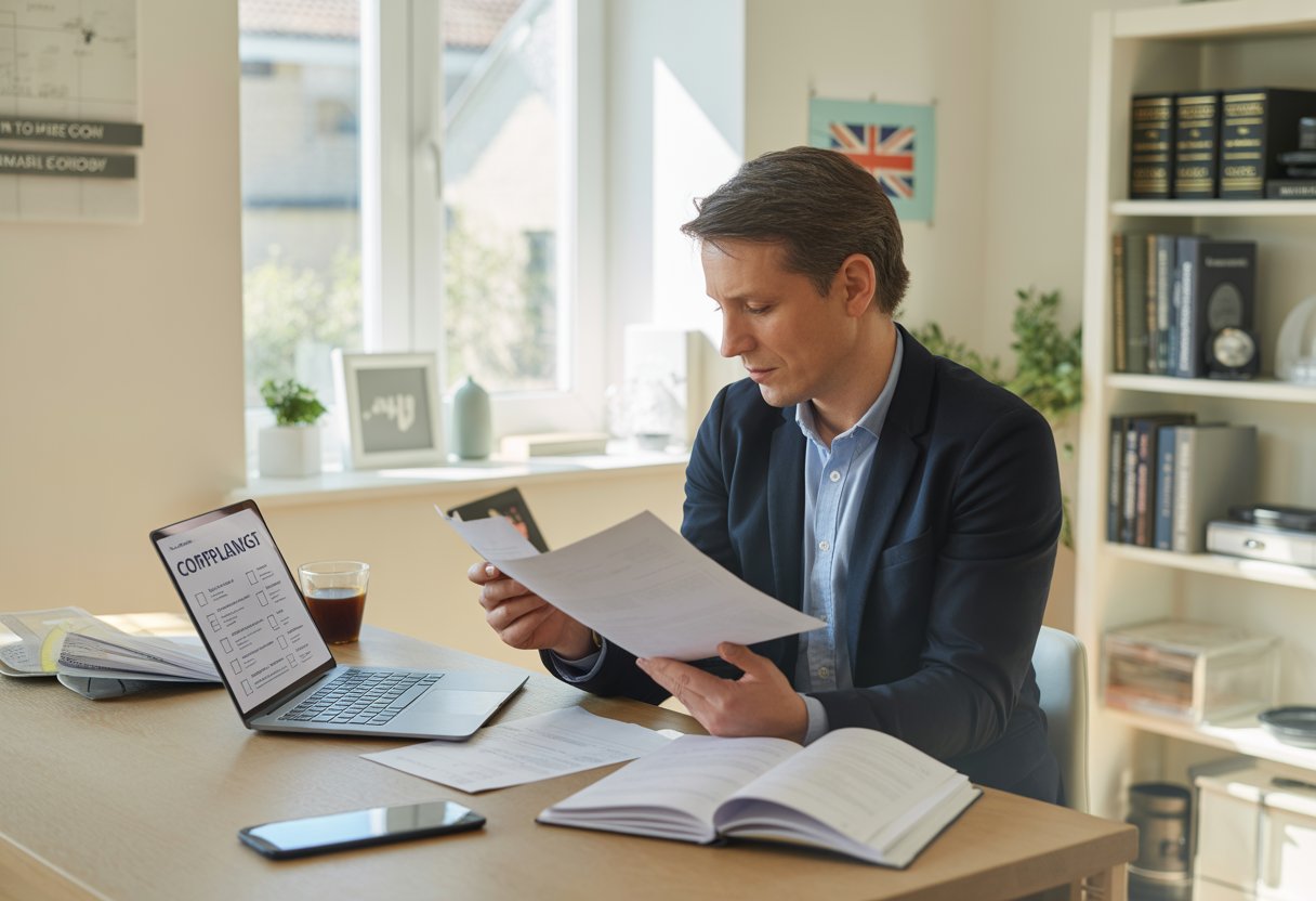 A person in a home office reviewing documents on a laptop and desk, with natural light and office items around.
