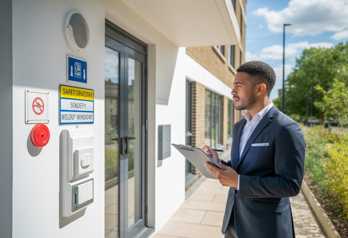 A landlord inspecting a modern residential building exterior with safety features in a clean urban neighbourhood.