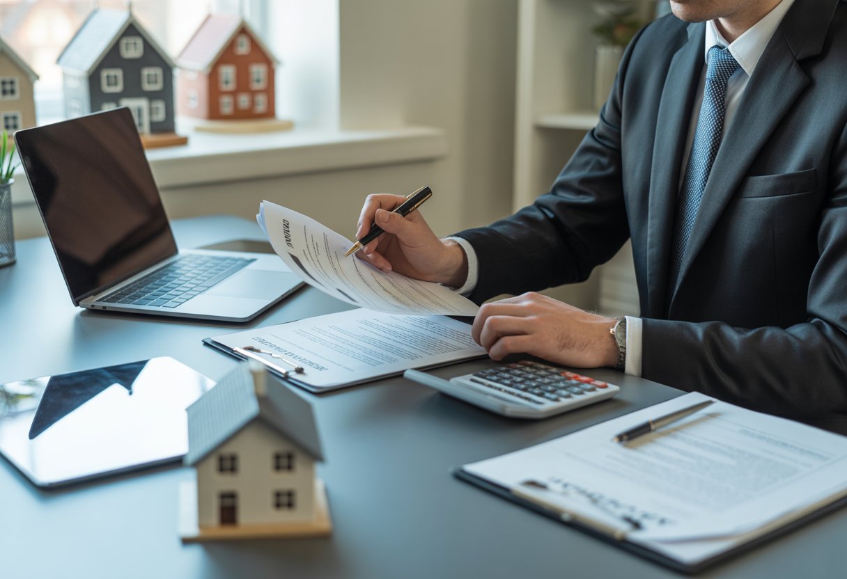 Person reviewing tenancy agreement documents at a desk with a laptop and calculator, with a view of British houses in the background.