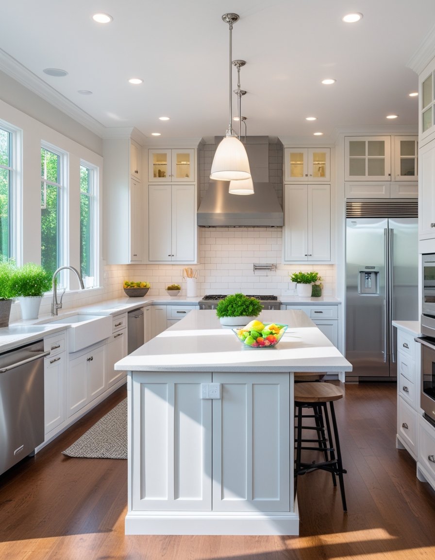 A modern kitchen with white countertops, stainless steel appliances, a center island with seating, and natural light coming through large windows.