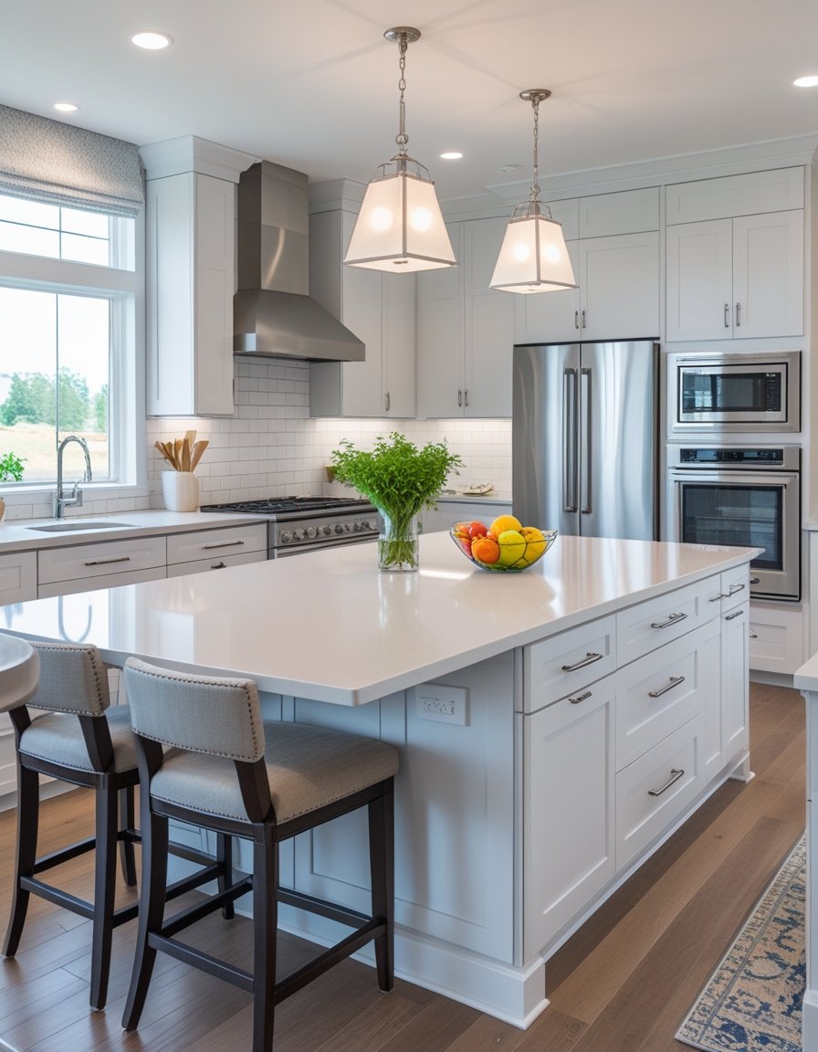 A modern kitchen with quartz countertops, stainless steel appliances, a kitchen island with pendant lights, and large windows letting in natural light.