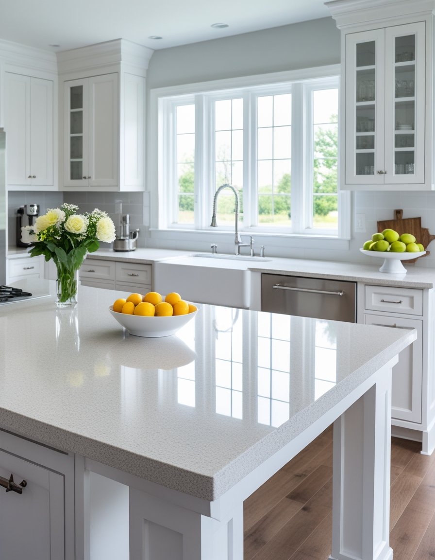 A modern kitchen with clean, polished countertops, a kitchen island, stainless steel appliances, and natural light coming through windows.