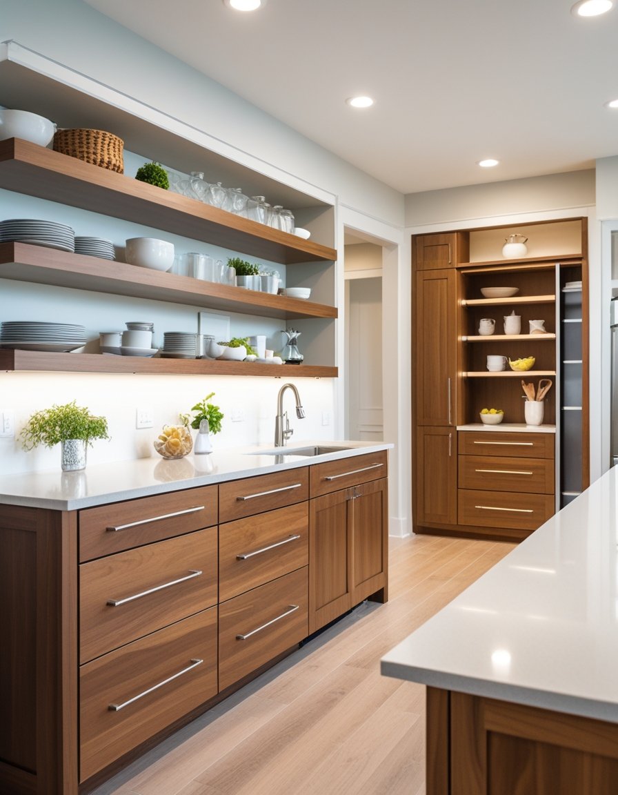 A modern kitchen with high-quality wooden cabinets, open shelving, and organized storage solutions.