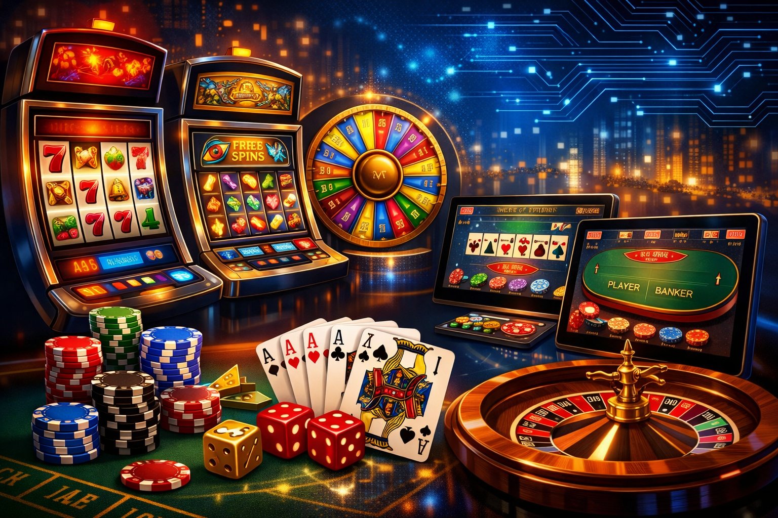 A Casino Scene Showing Various Gaming Elements Like Slot Machines, Poker Chips, Playing Cards, And Digital Game Screens Representing A Casino Game Provider's Portfolio.