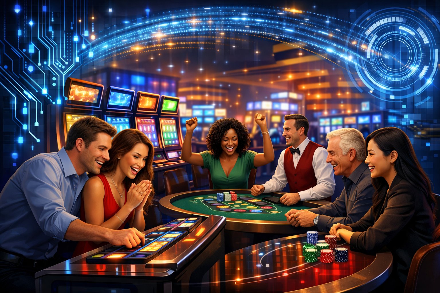 A Modern Casino Scene With Diverse Players Enjoying Slot Machines And Gaming Tables, Surrounded By Digital Technology Elements Symbolizing Innovation.