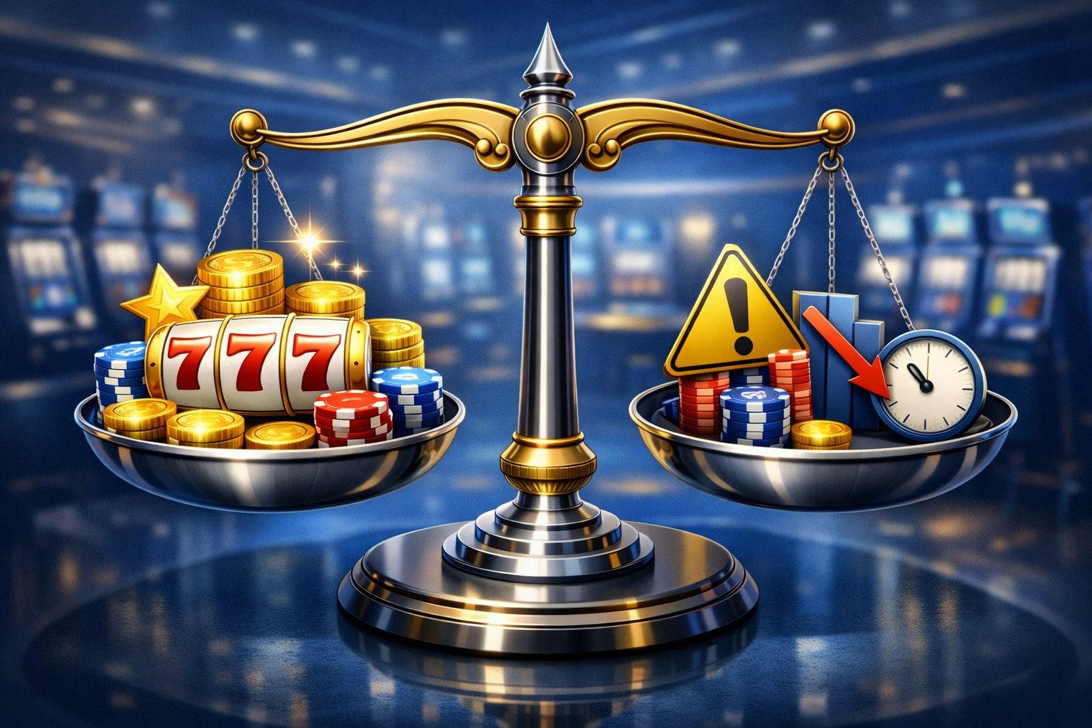 A Balanced Scale With CasinoRelated Icons Representing Advantages And Disadvantages, Set Against A Blurred Casino Floor Background.