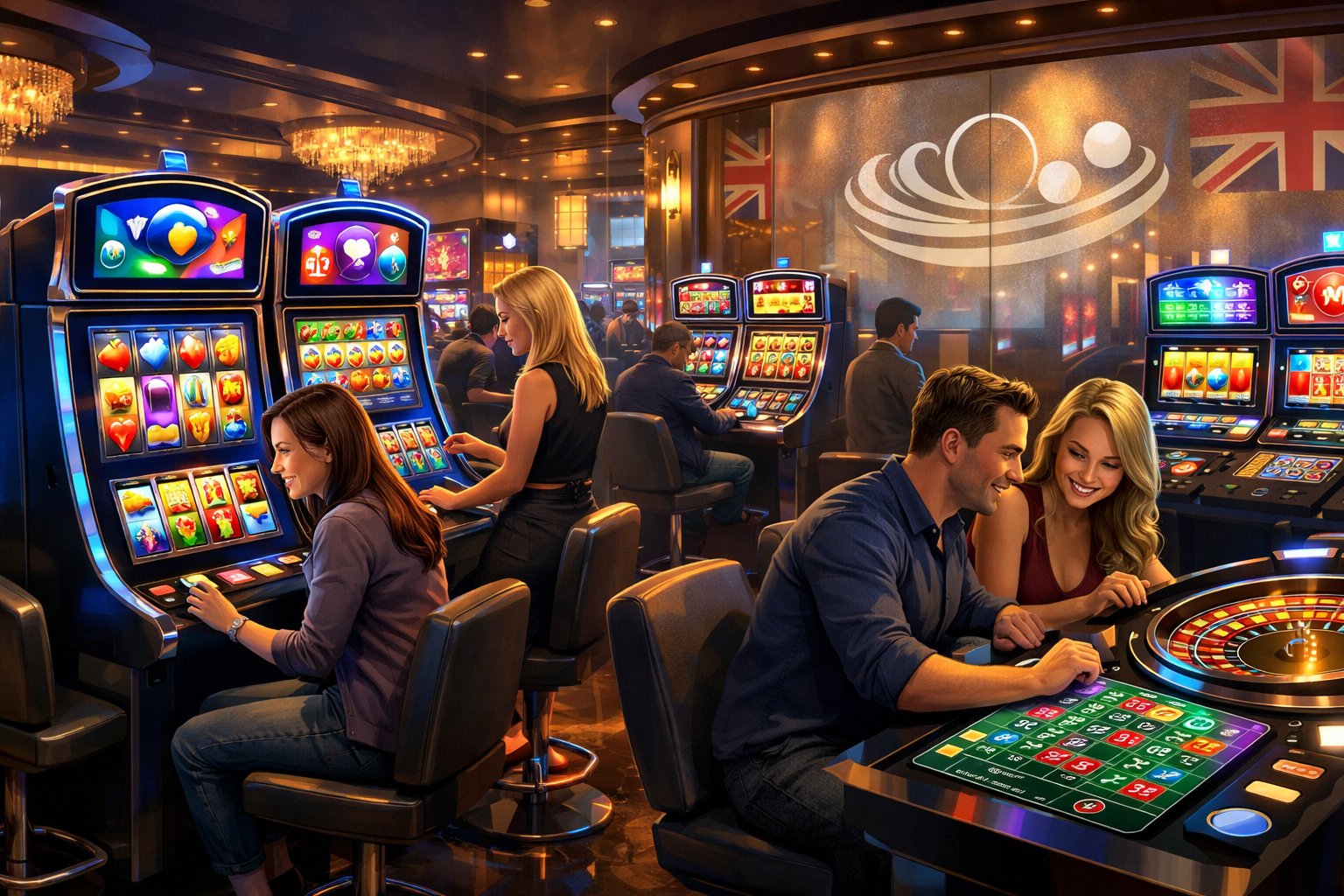 A Casino Gaming Floor With People Playing Colorful Slot Machines And Digital Games, Featuring A Lively And Modern Atmosphere.