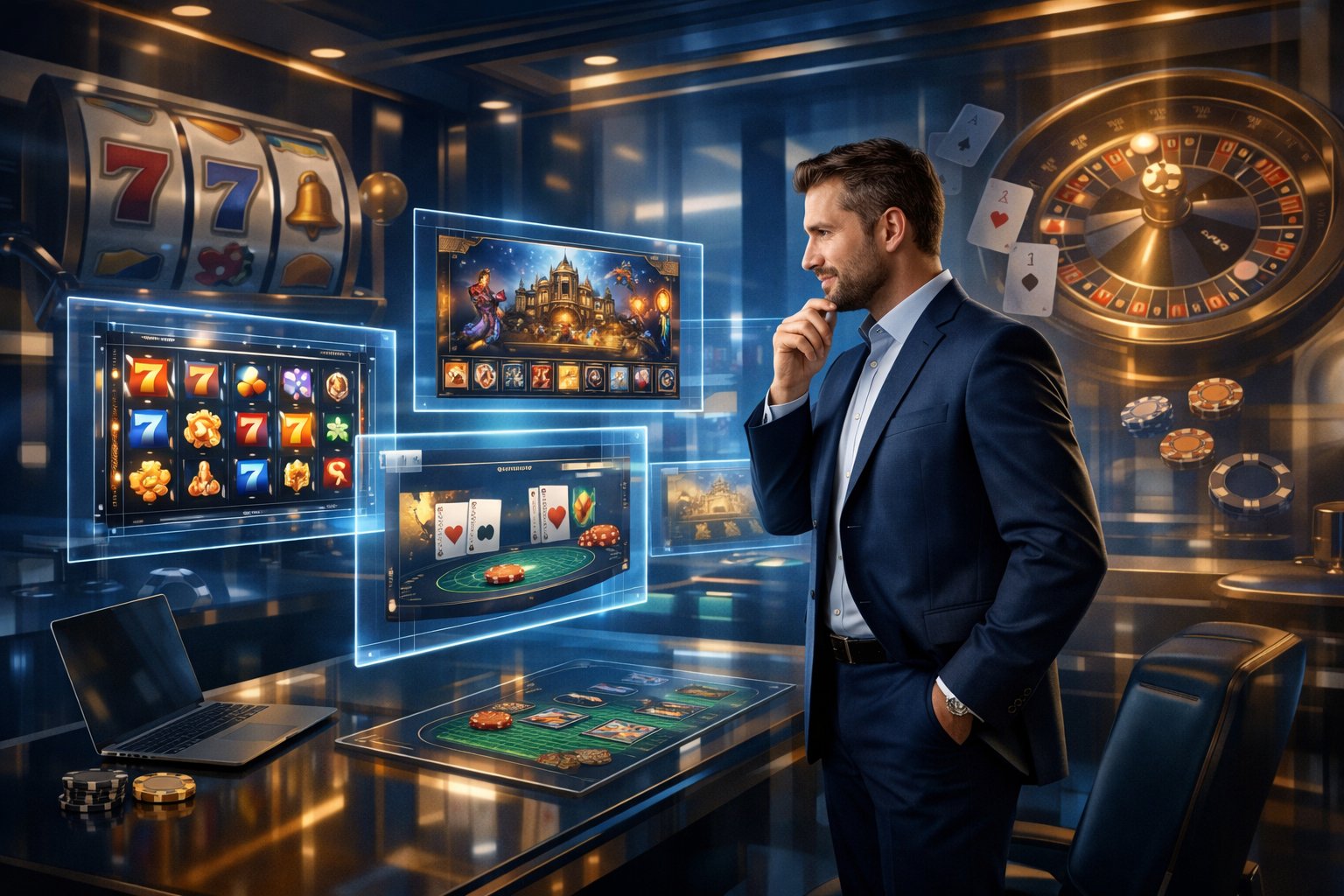 A Person In A Modern Office Reviewing Digital Casino Game Designs Displayed On Holographic Screens, Surrounded By Casino Game Elements Like Slot Reels And Playing Cards.