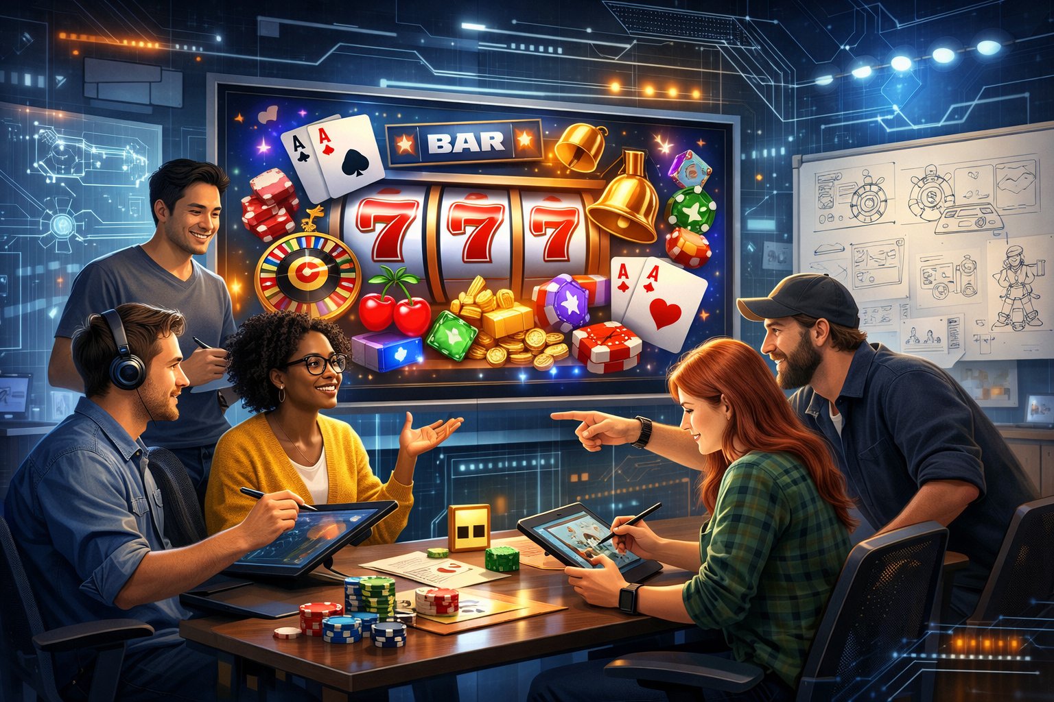 A Group Of Game Developers Collaborating In An Office With Digital Screens Showing Casino Game Elements Like Slot Reels, Cards, And Chips.