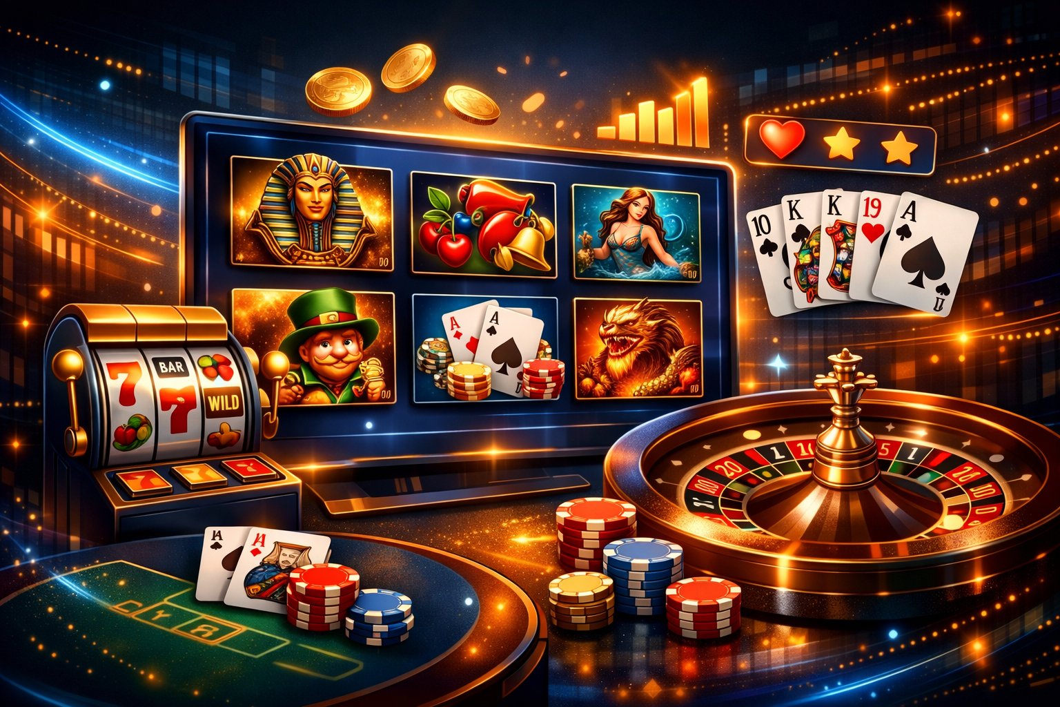 A Digital Display Showing A Variety Of Casino Games Including Slot Machines, Card Games, And Roulette Wheels Arranged Neatly With Glowing Accents.