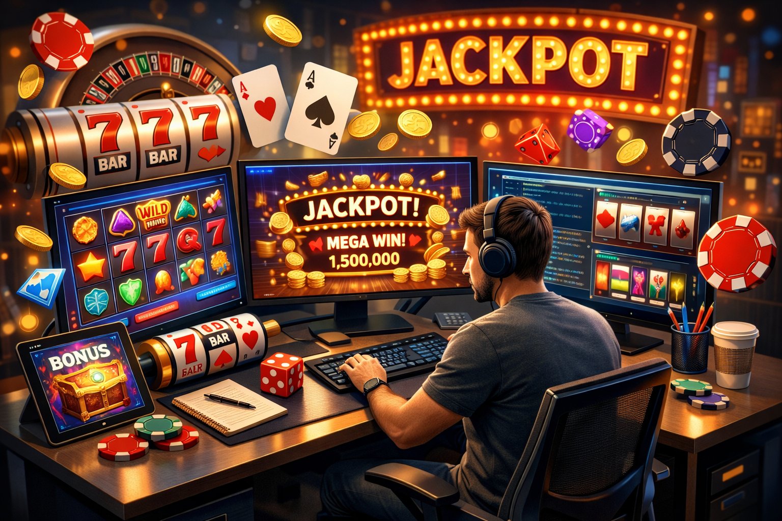 A Developer Working At A Desk Surrounded By Casino Game Elements Like Slot Symbols, Playing Cards, And Digital Game Screens.