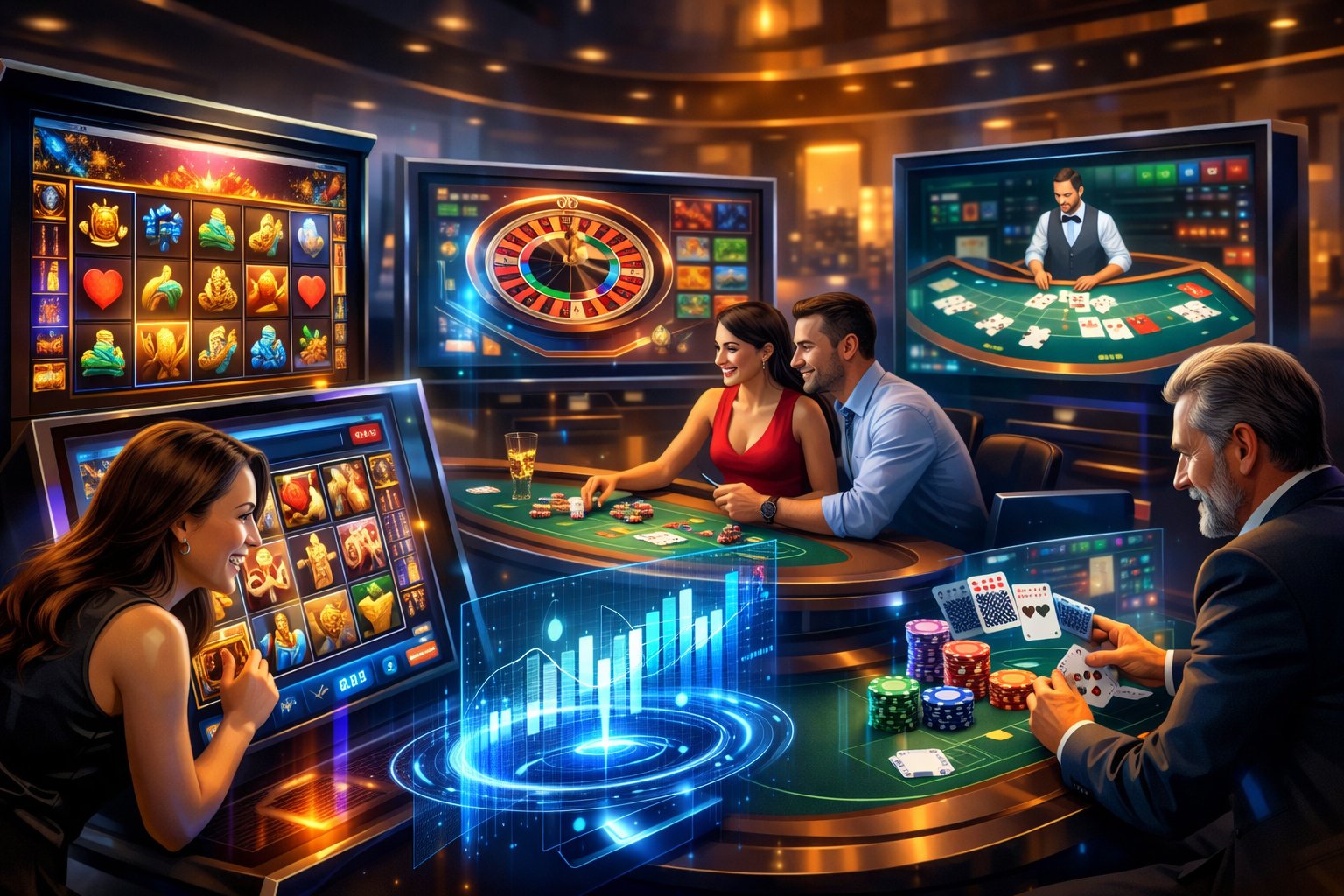 A Casino Gaming Scene With Multiple Screens Showing Different Games And Diverse Players Engaging With Them In An Upscale Environment.