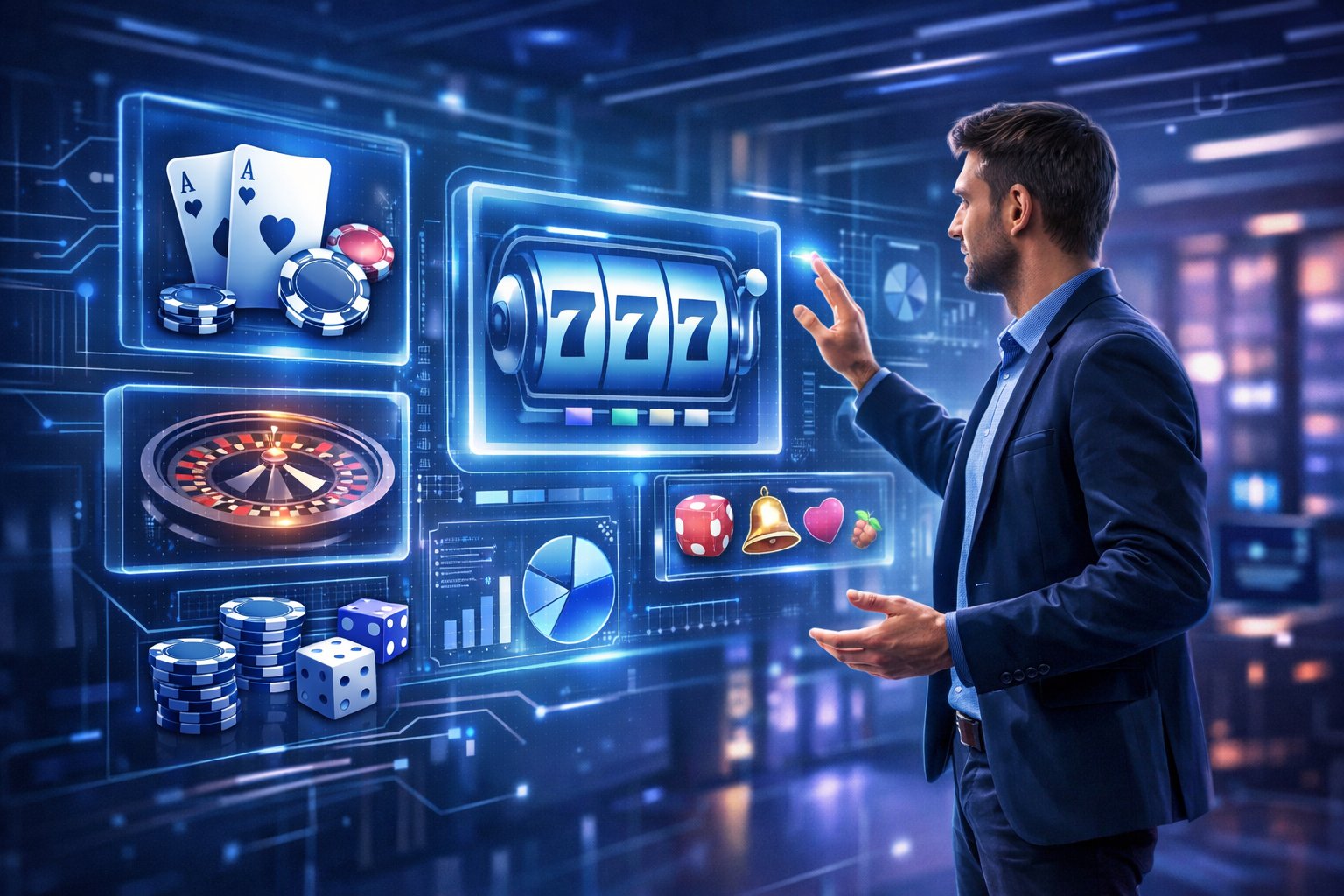A Business Professional Interacts With Futuristic Holographic Casino Game Icons And Data Charts In A HighTech Office Environment.